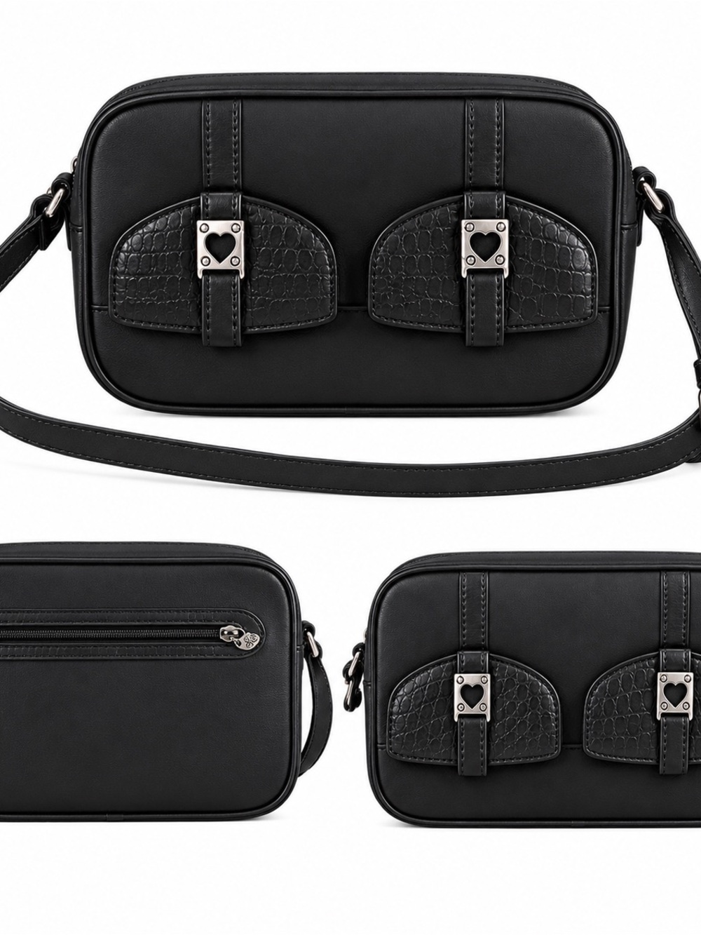 Vintage Brighton Black Leather Heart Hardware Shoulder Crossbody Bag Y2K